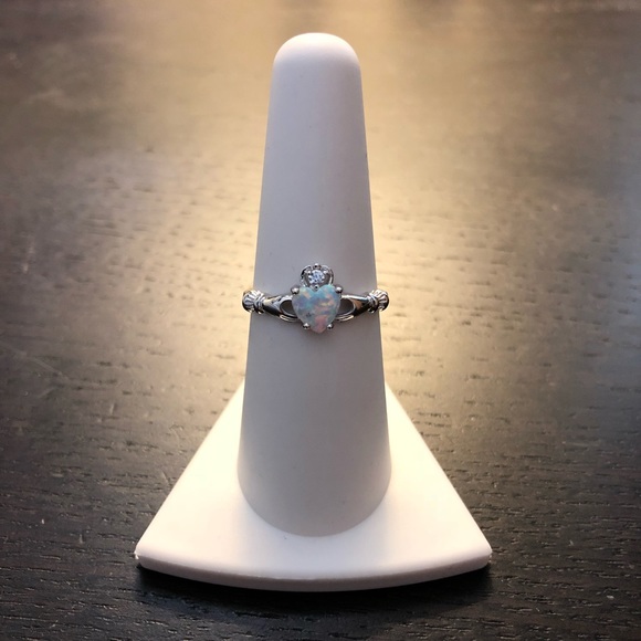 Sterling Silver 925 Claddagh Ring with Opal & CZ - Picture 2 of 6